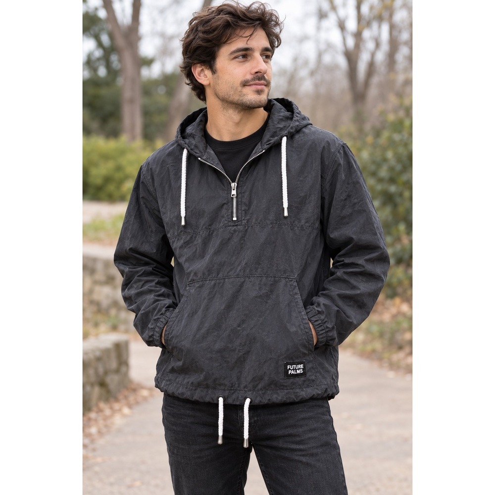 Future Palms Mens Black Quarter Zip Anorak Windbreaker Jacket Hooded FJ183001 L